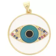 Pendentif rond avec oxydes de Zirconium & résine époxy 23 mm - motif oeil - Doré - Bleu x1