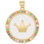 Pendentif rond avec oxydes de Zirconium  & résine époxy 25x23 mm - motif couronne - Doré x1|raw }}