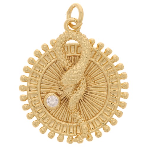 Pendentif rond travaillé - serpent en relief - avec oxyde de Zirconium 25x22 mm - Doré x1