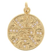Pendentif rond - motif serpent - étoiles et lunes avec oxydes de Zirconium 21x18 mm - Doré x1
