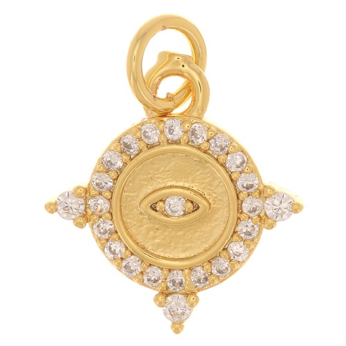Breloque ronde travaillée avec oxydes de Zirconium  - motif oeil - 14x13 mm - Doré - Crystal x1