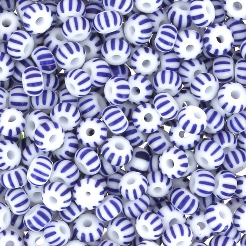 Perles rocailles Preciosa rayées 8/0 3 mm - Blanc - Bleu x20g