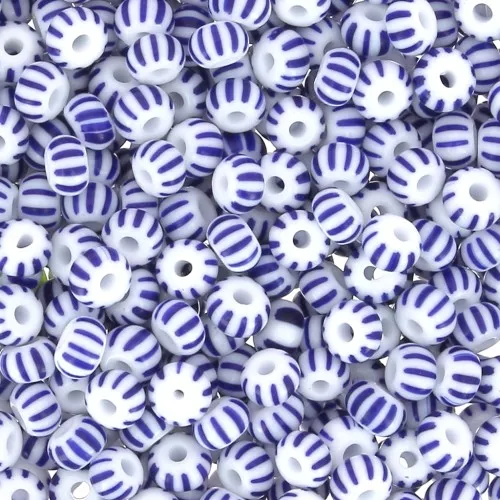 Perles rocailles Preciosa rayées 8/0 3 mm - Blanc - Bleu x20g