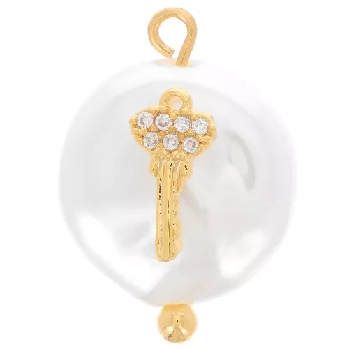 Pendentif rond perle d'eau douce & clé oxydes Zirconium 20x14 mm - Blanc - Doré x1