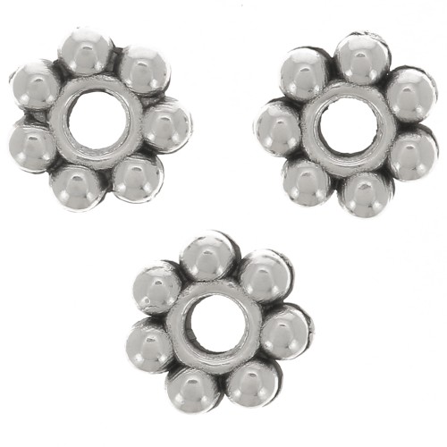 Perles rondelles fleurs 6 mm - Placage argent fin vieilli x10