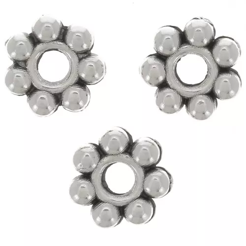Perles rondelles fleurs 6 mm - Placage argent fin vieilli x10
