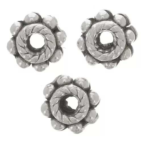 Perles rondelles fleurs 5.5 mm - Placage argent fin vieilli x10