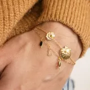 Breloque ovale facettée avec petites boules 12x5 mm - Doré à l'or fin - Aventurine