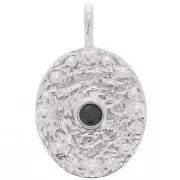 Pendentif ovale martelé avec  oxyde de Zirconium  21x13 mm - Placage Argent fin - Noir x1