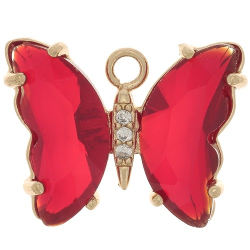 Pendentif papillon en verre avec oxydes de Zirconium 15x20 mm - Doré - Rouge - Crystal x1