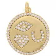 Pendentif rond avec oxydes de Zirconium 19 mm - motifs mystique - Doré - Crystal x1