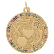 Pendentif rond avec oxydes de Zirconium  19 mm - multi symboles - Doré - Multicolore x1