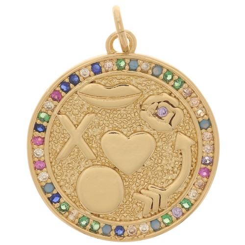 Pendentif rond avec oxydes de Zirconium  19 mm - multi symboles - Doré - Multicolore x1