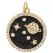 Pendentif rond avec oxydes de Zirconium et résine époxy 18 mm - Planète - Doré - Noir x1