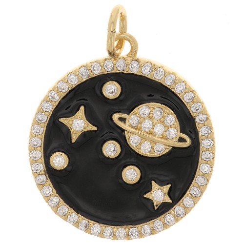 Pendentif rond avec oxydes de Zirconium et résine époxy 18 mm - Planète - Doré - Noir x1