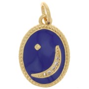 Pendentif ovale motif lune avec oxydes de Zirconium  et résine époxy 16.5x11.5mm - Doré - Bleu|raw }}