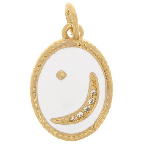 Pendentif ovale motif lune avec oxydes de Zirconium et résine époxy 16.5x11.5mm - Doré - Blanc