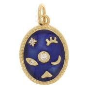 Pendentif ovale motif mystique avec oxydes de Zirconium & résine époxy 16x11 mm - Doré - Bleu