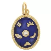 Pendentif ovale motif mystique avec oxydes de Zirconium & résine époxy 16x11 mm - Doré - Bleu