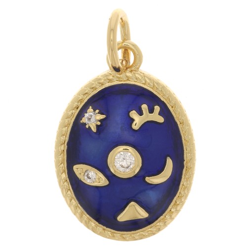 Pendentif ovale motif mystique avec oxydes de Zirconium & résine époxy 16x11 mm - Doré - Bleu
