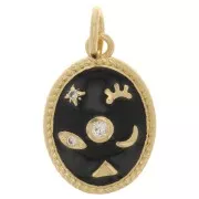 Pendentif ovale motif mystique avec oxydes de Zirconium & résine époxy 16x11 mm - Doré - Noir