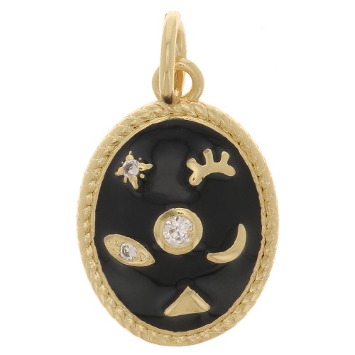 Pendentif ovale motif mystique avec oxydes de Zirconium & résine époxy 16x11 mm - Doré - Noir