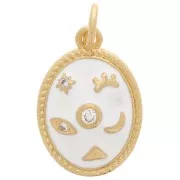 Pendentif ovale motif mystique avec oxydes de Zirconium & résine époxy 16x11mm - Doré - Blanc
