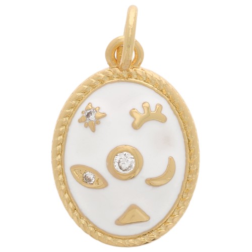 Pendentif ovale motif mystique avec oxydes de Zirconium & résine époxy 16x11mm - Doré - Blanc