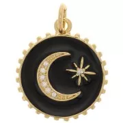 Pendentif rond avec oxydes de Zirconium  et résine époxy 16 mm - Demi lune - Doré - Noir x1