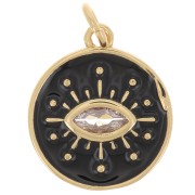 Pendentif rond oeil avec oxydes de Zirconium  & résine époxy 15 mm - Doré - Noir x1