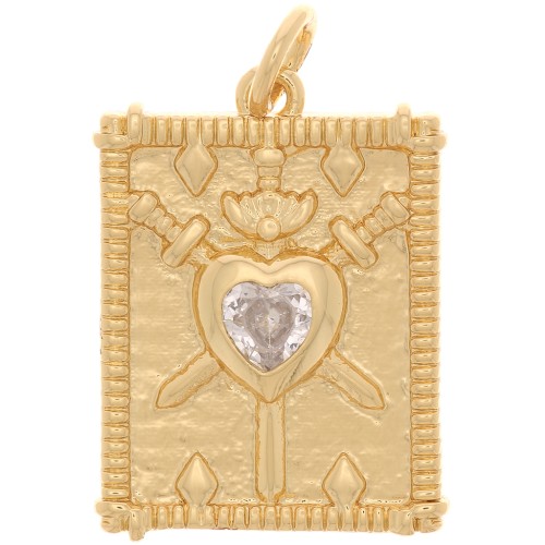 Pendentif plaque travaillé motif coeur avec oxyde de Zirconium 20x15 mm - Doré - Crystal x1