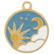 Pendentif rond motif soleil & lune avec résine époxy 18 mm - Doré à l'or fin x1|raw }}