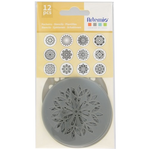 Set de 12 pochoirs ronds en plastique - motif mandala 7 cm - Gris