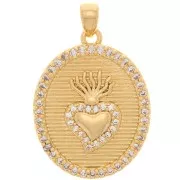 Pendentif ovale avec oxydes de Zirconium 23x18 mm - motif coeur Ex-voto - Doré - Crystal x1