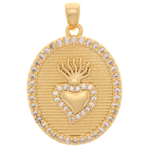 Pendentif ovale avec oxydes de Zirconium 23x18 mm - motif coeur Ex-voto - Doré - Crystal x1