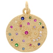 Pendentif rond avec oxydes de Zirconium  16 mm - motif lune & étoile - Doré - Multicolore x1