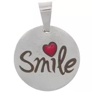 Pendentif médaille 15 mm - Smile avec un coeur en résine - Acier inox 304 x1