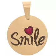 Pendentif médaille 15 mm - Smile avec un coeur en résine - Acier inox doré 304