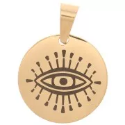 Pendentif médaille ronde 15 mm - Oeil porte-bonheur - Acier inoxydable 304 Doré