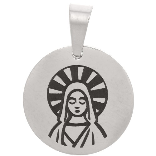 Pendentif médaille ronde 15 mm - motif Vierge - Acier inoxydable 304 x1