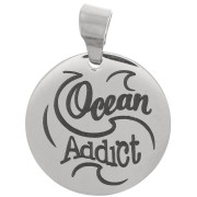 Pendentif médaille ronde 15 mm - Ocean Addict & vagues - Acier inoxydable 304|raw }}