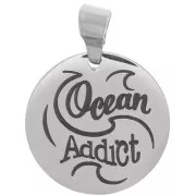Pendentif médaille ronde 15 mm - Ocean Addict & vagues - Acier inoxydable 304