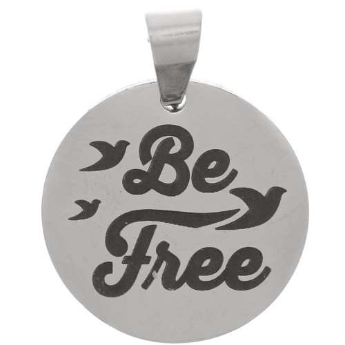Pendentif médaille ronde 15 mm - motif Be Free & Oiseaux - Acier inoxydable 304