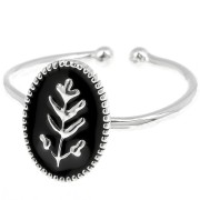 Bague ovale réglable avec résine époxy motif feuille - Placage argent fin - Noir