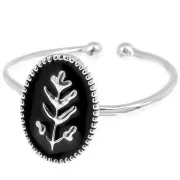 Bague ovale réglable avec résine époxy motif feuille - Placage argent fin - Noir