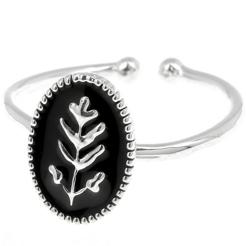 Bague ovale réglable avec résine époxy motif feuille - Placage argent fin - Noir