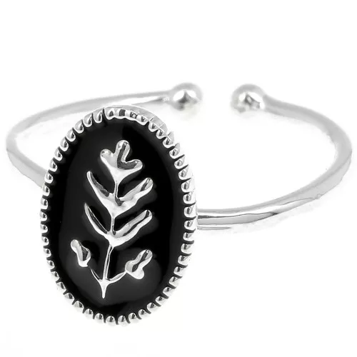 Bague ovale réglable avec résine époxy motif feuille - Placage argent fin - Noir