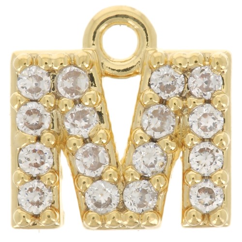 Breloque lettre alphabet 7 mm avec oxydes de Zirconium - M - Doré à l'or fin - Crystal x1