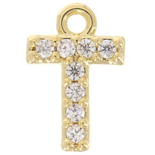 Breloque lettre alphabet 8 mm avec oxydes de Zirconium - T - Doré à l'or fin - Crystal x1