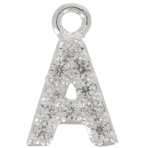 Breloque lettre alphabet 8 mm avec oxydes de Zirconium - A - Placage Argent fin - Crystal x1